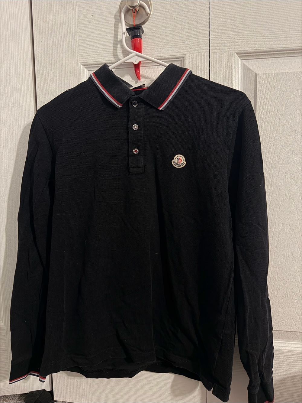 Moncler Black Long-Sleeve Polo with Red-Trim Collar